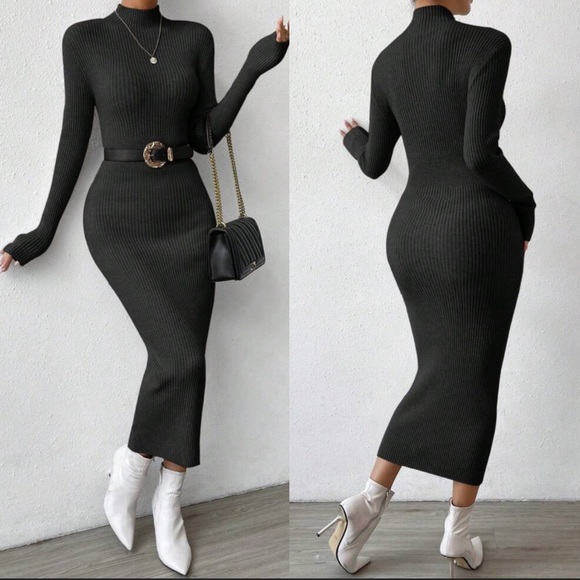 Sexy mock neck ribbed long sleeve bodycon fitted maxi sweater dress - Picture 3 of 16